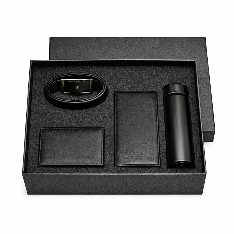 پکیج هدیه سازمانی (فلاسک دماسنج دار  ست کیف و کمربند جعبه لاکچری)